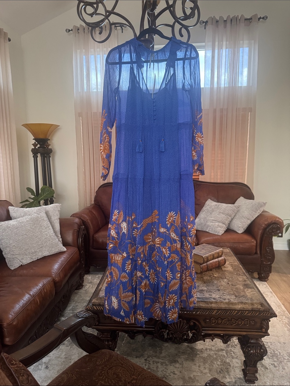 Anthropologie Royal Blue Maxi Dress with Gold Floral Embroidery